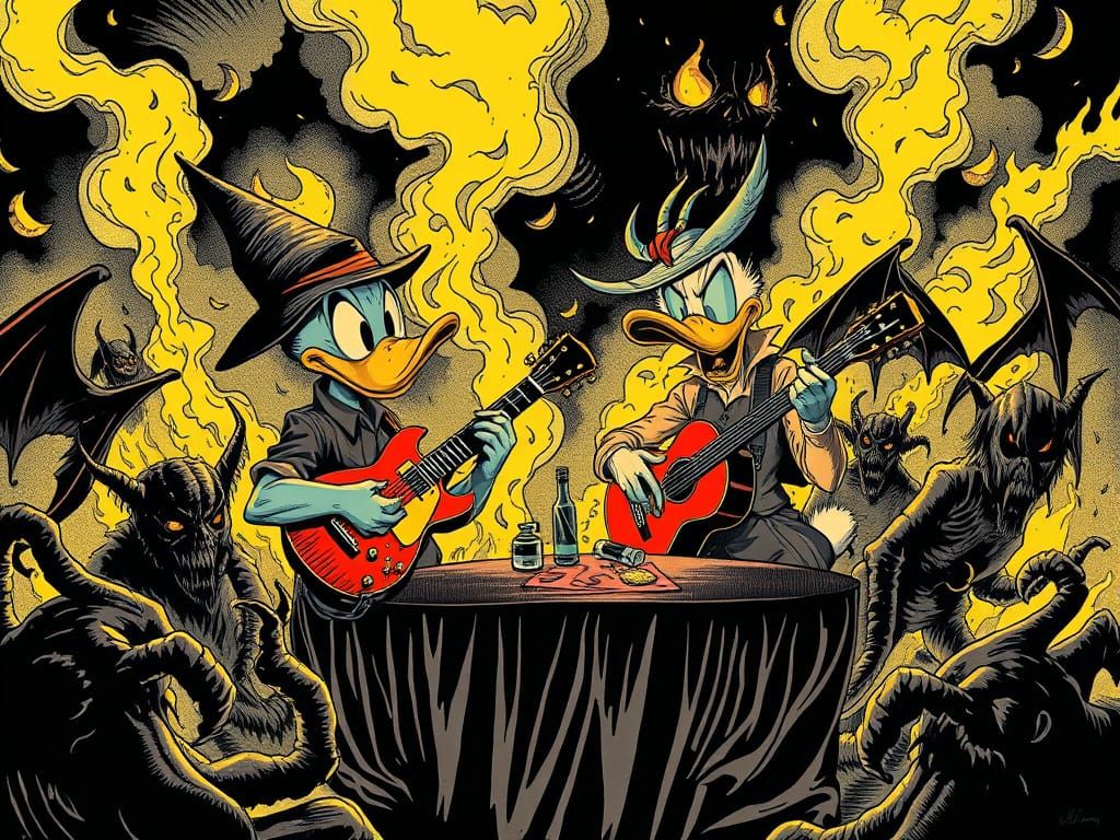 Retro-Futuristic Ducks in a Hellish Landscape