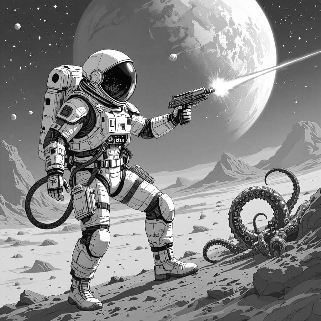 Astronaut Fighting Alien Monster in Sci-Fi Line Art