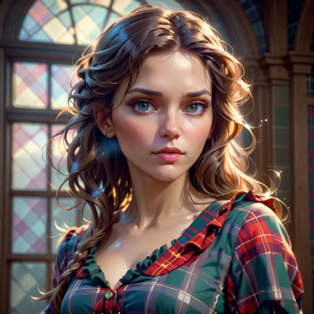 Detailed Portrait of Woman in Plaid Dress