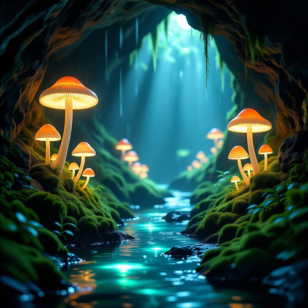 Ethereal Bioluminescent Grotto in Detailed Matte Painting