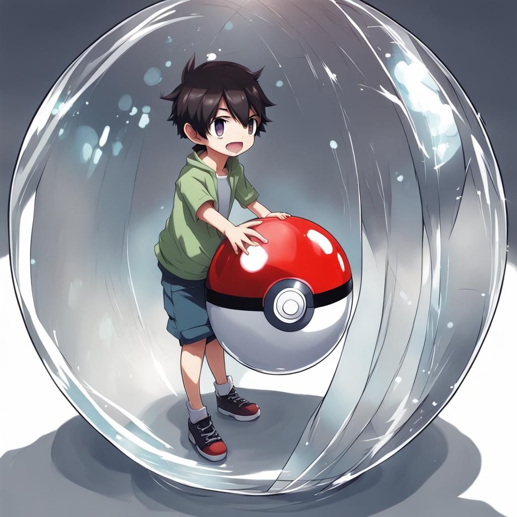 Boy Trapped Inside Pokeball in Anime Style