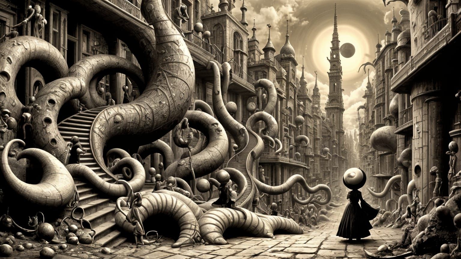 Surreal Cityscape with Interconnected Staircases, Inspired b...