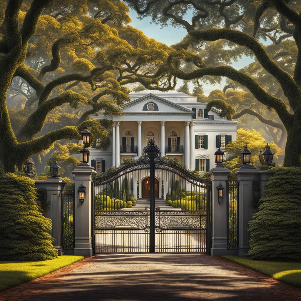 A gated driveway lined with oak trees leads to a gorgeous grande colonial revival mansion. abstract art complementary co...