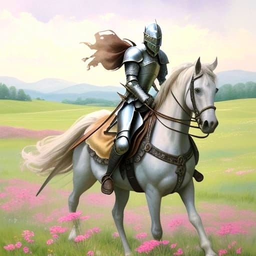 Whimsical Knight Balancing Teacup in Meadow