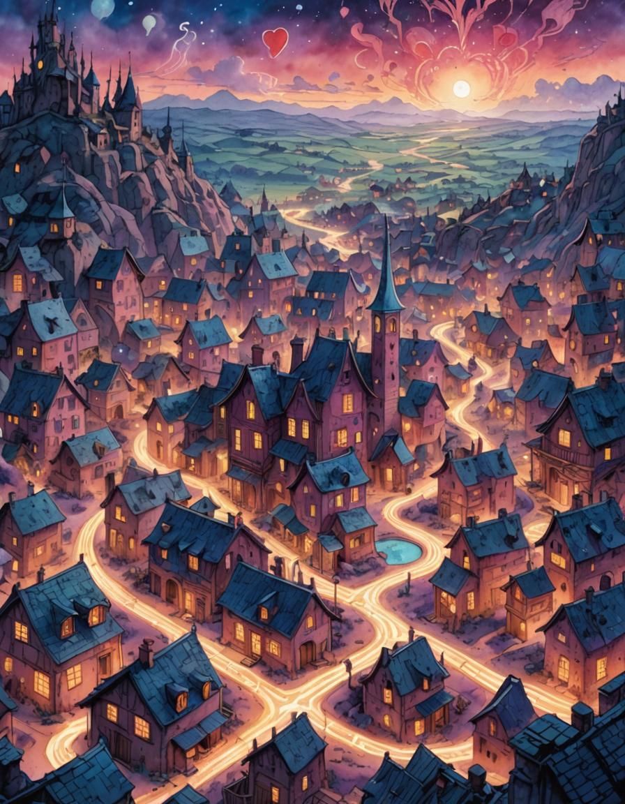 Computer Heart Opens to Mystical Village in Watercolor
