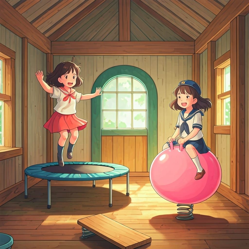 Cheerful School Girls in Playhouse, Ghibli-Style
