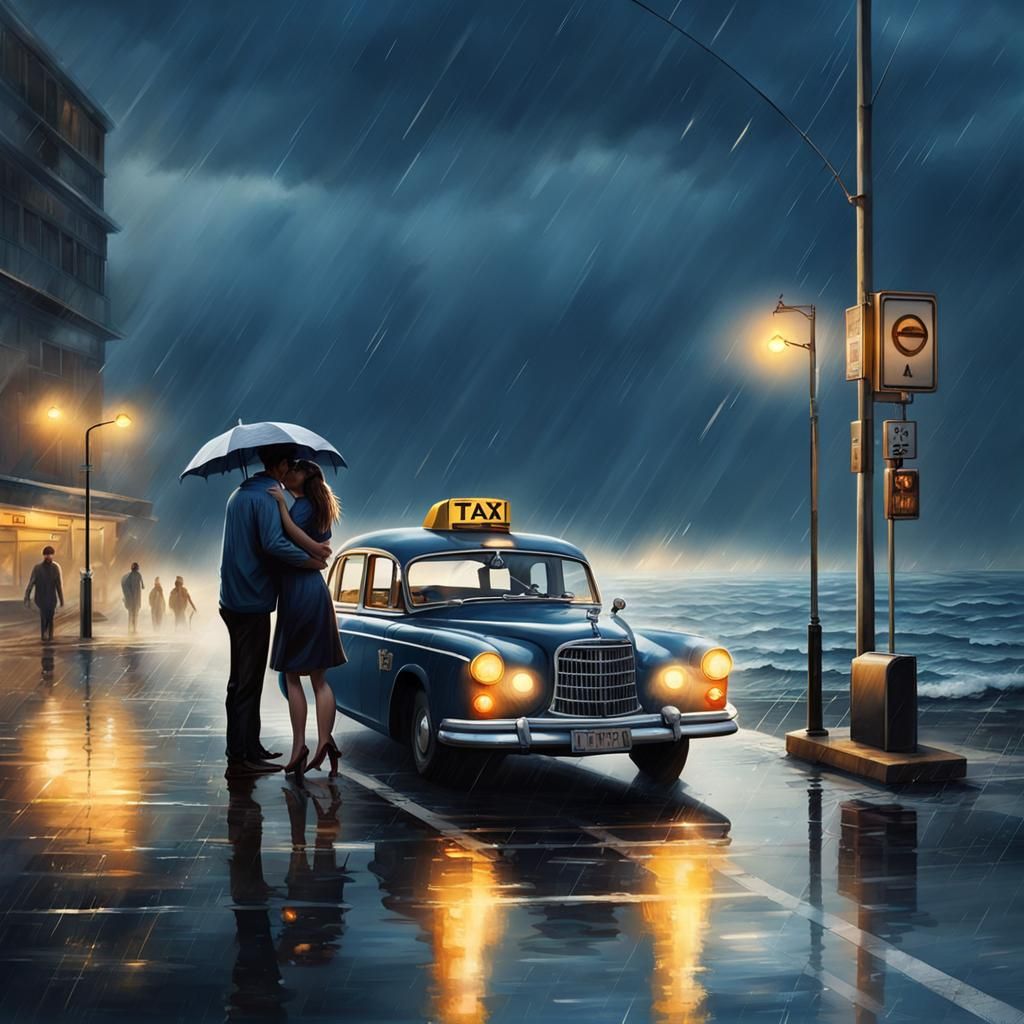 Romantic Kiss in Rainy Cityscape: Splash Art