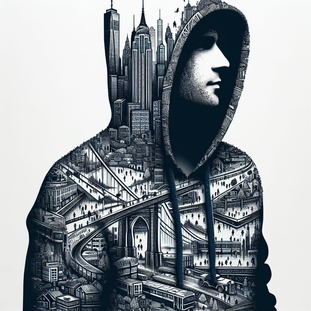 Hooded Man Silhouette Imbued with Urban Civilization