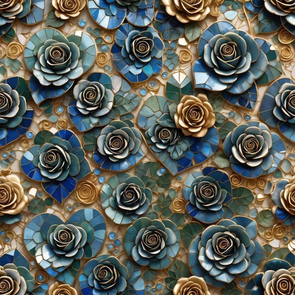 Blue Mosaic Roses Form Ornate Hearts