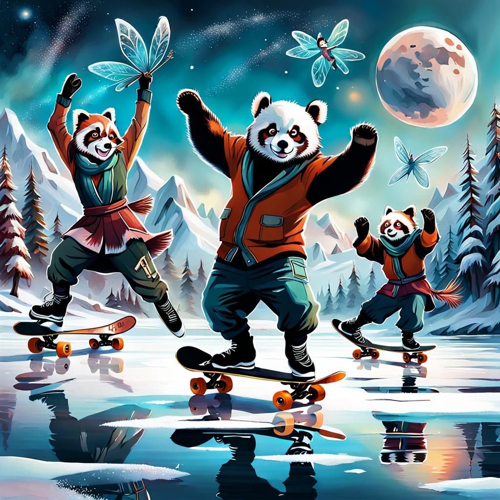 Red Pandas Ice Skating with Fairies: Digital Painting