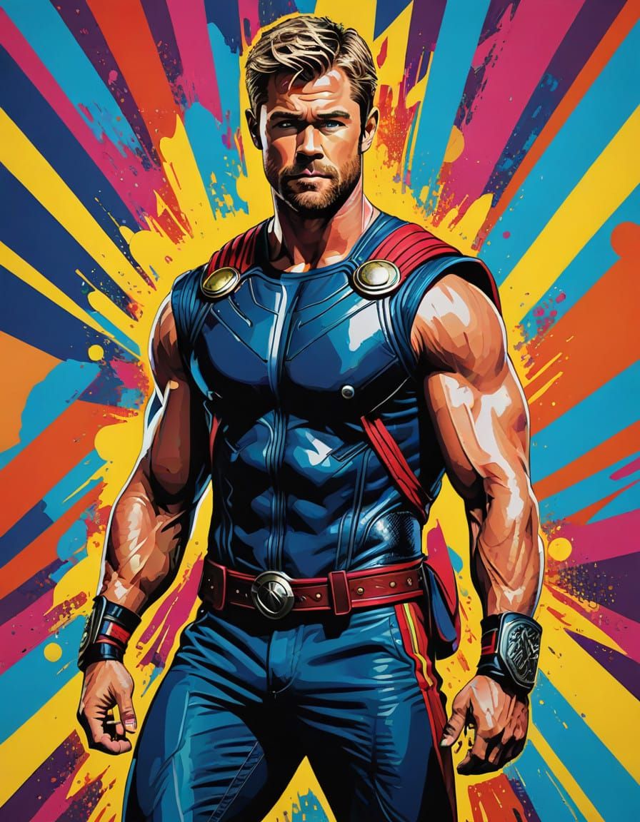 Vibrant Pop Art Portrait of a Heroic Chris Hemsworth