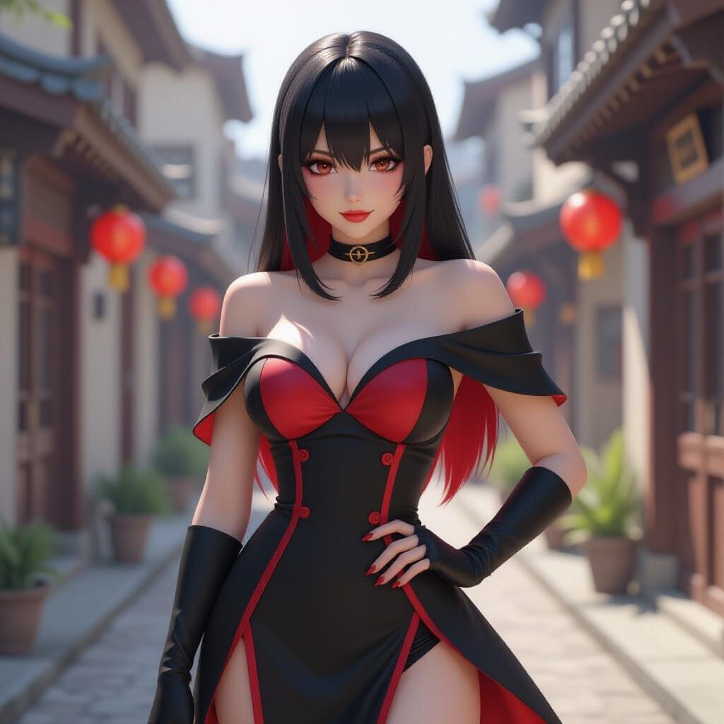 Anime Woman with Red and Black Hair in 3D Art
