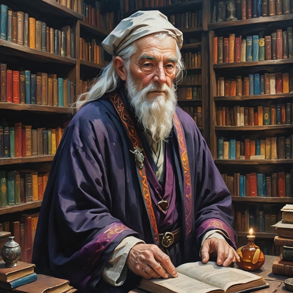 Wizard Merchant in Magical Library: Oil Painting