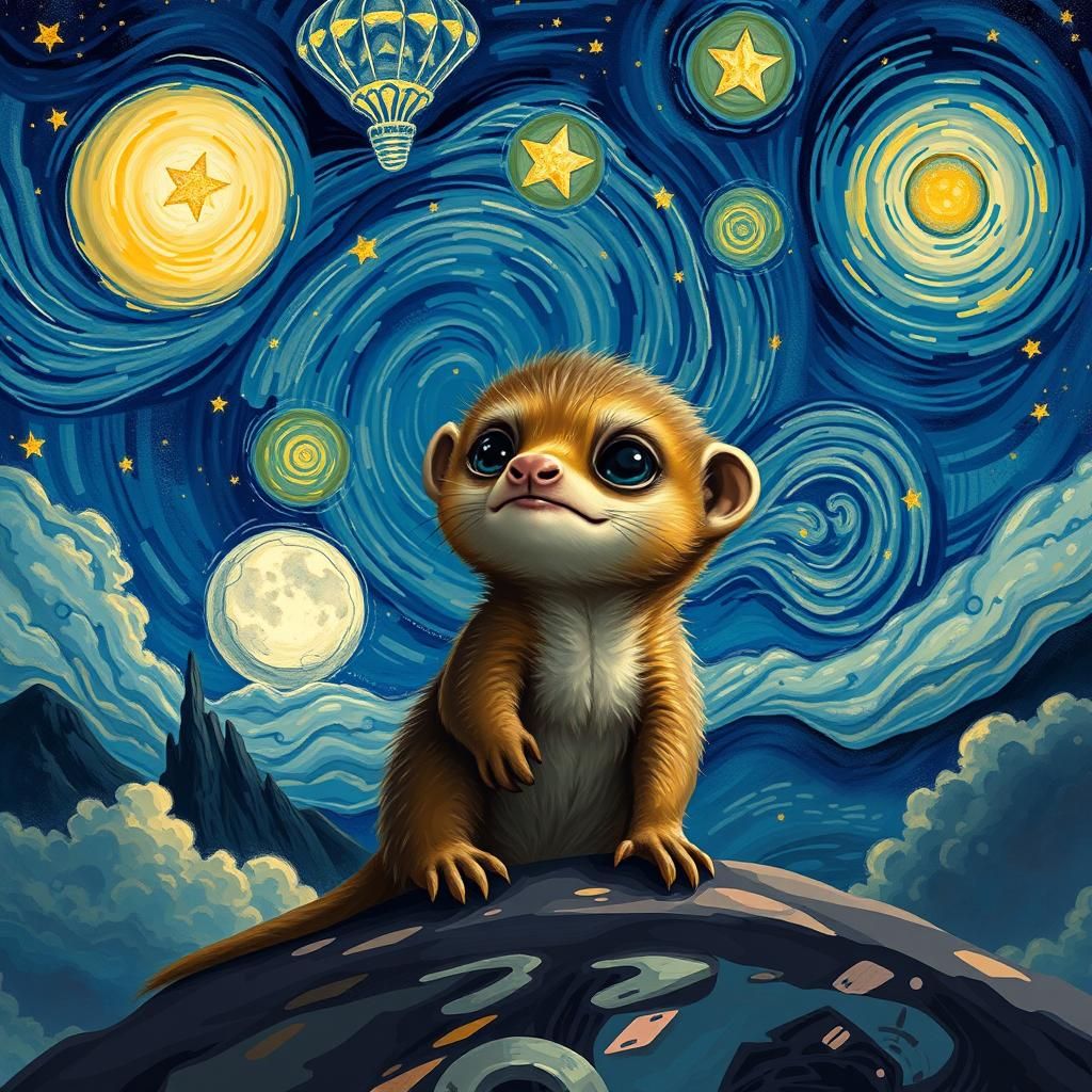 Mongoose in Starry Sci-Fi Landscape: Van Gogh Style