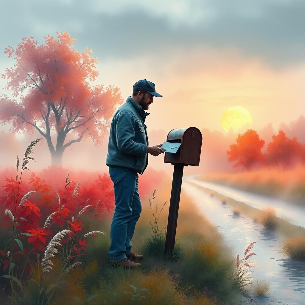 Postman Delivers Mail in Watercolor Sunset Landscape