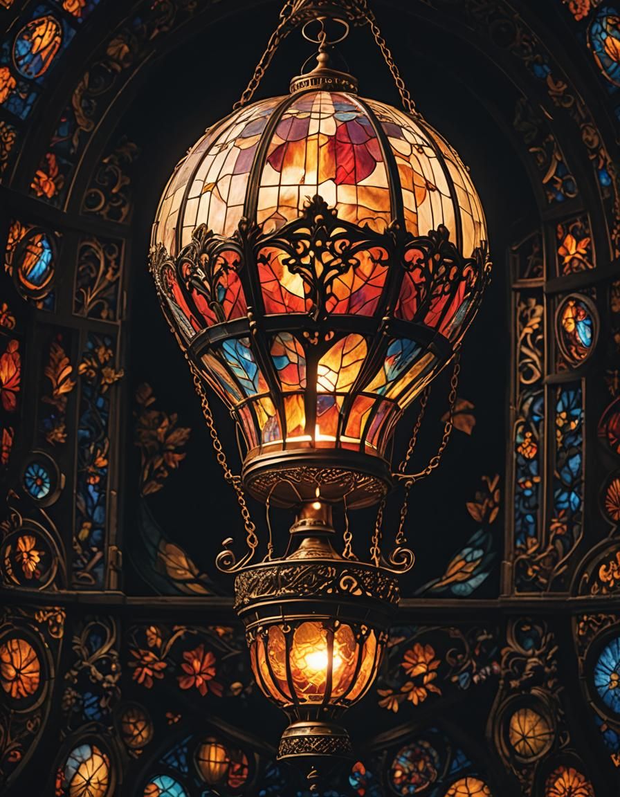 Rococo Stained Glass Lantern in Dark Room