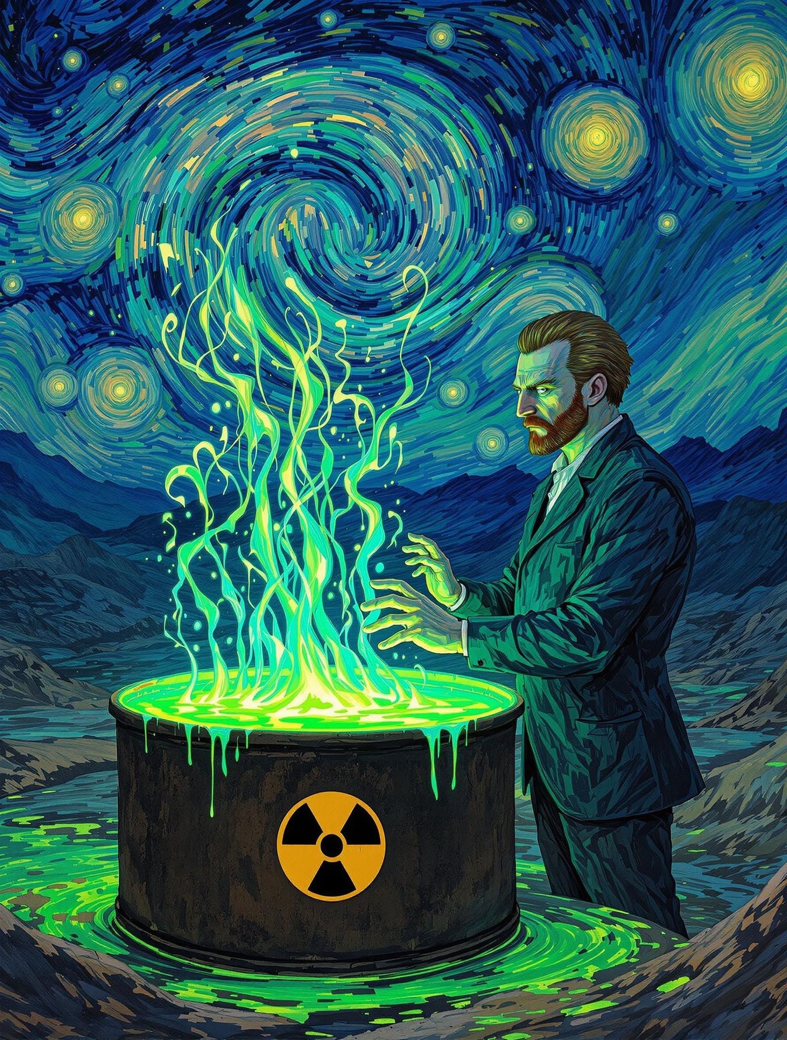 Post-Impressionist Van Gogh Amidst Radiant, Toxic Landscape