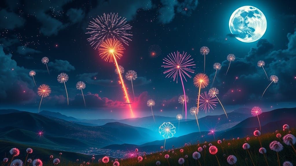 Surreal Dandelion Fireworks Sky in Neon-Lit Hyperrealism
