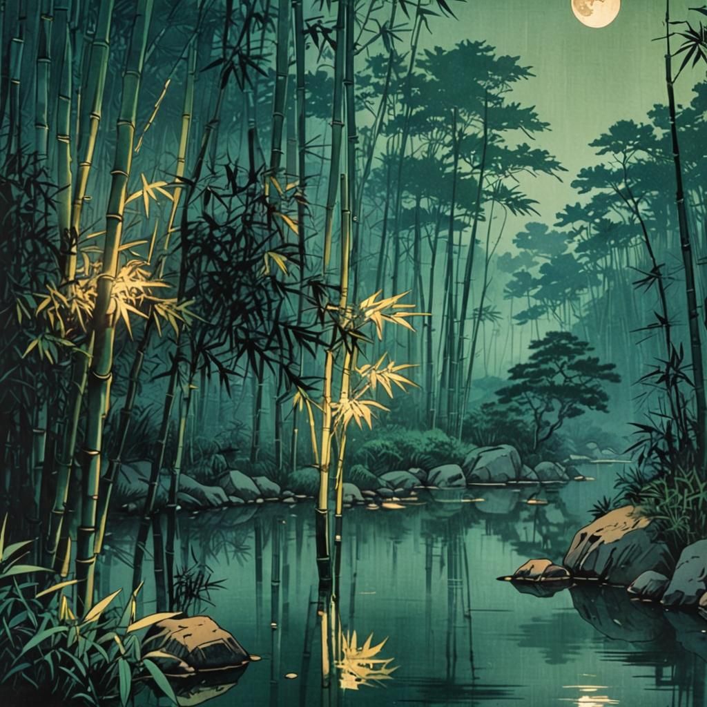 A tranquil bamboo forest illuminated by soft moonlight, the ...