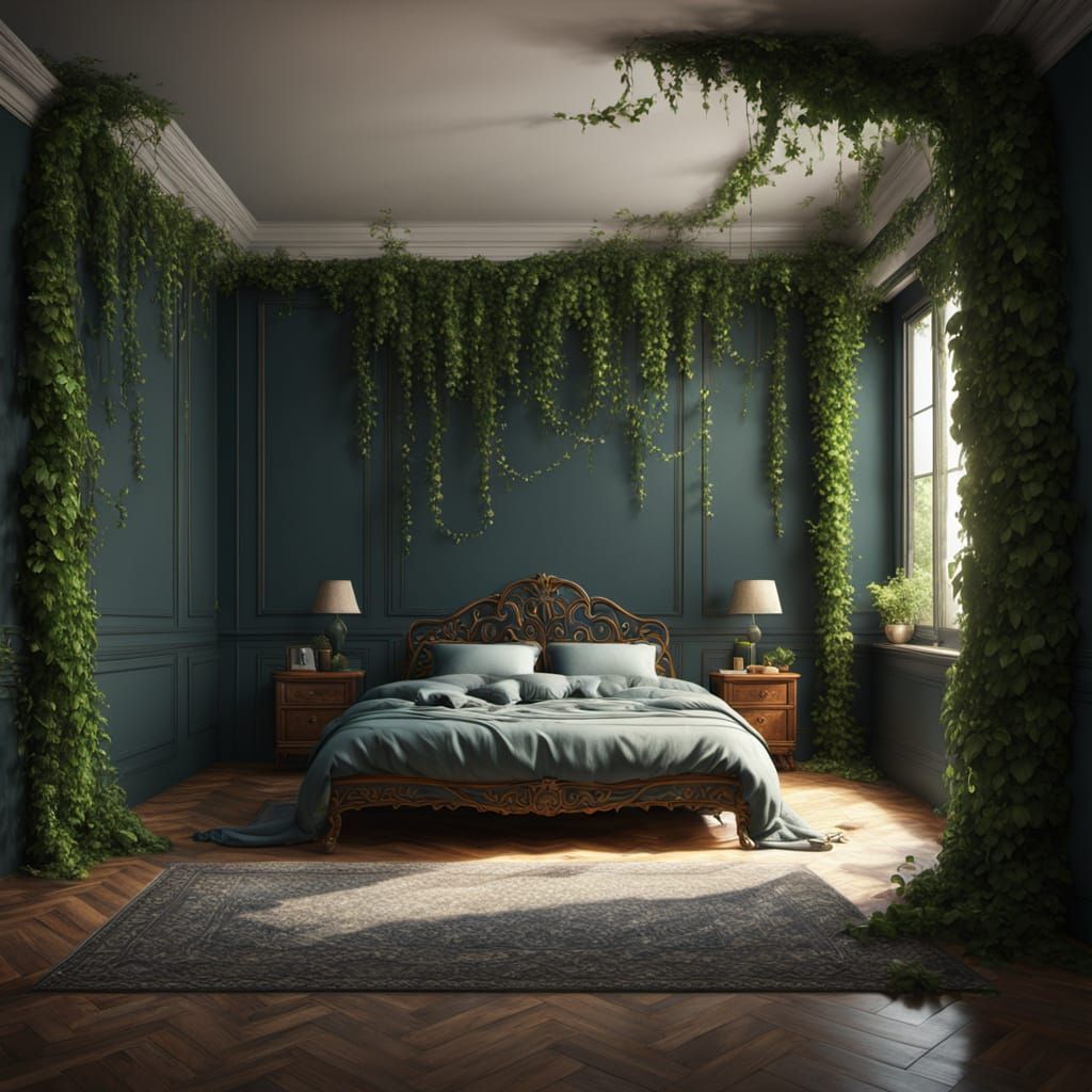 Vines Grow in Peaceful Bedroom, Detailed Matte Painting