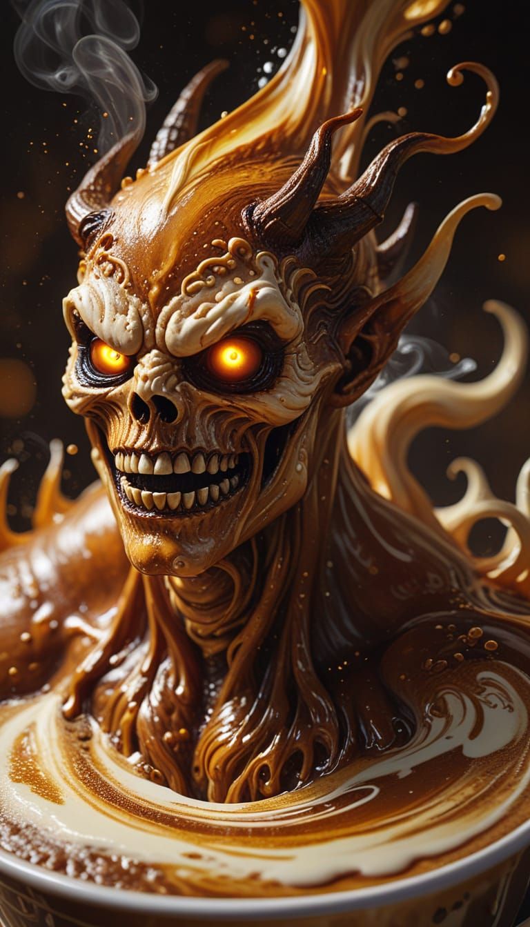 Surreal Coffee Demon with Swirling Cream: Macro Oil Painting