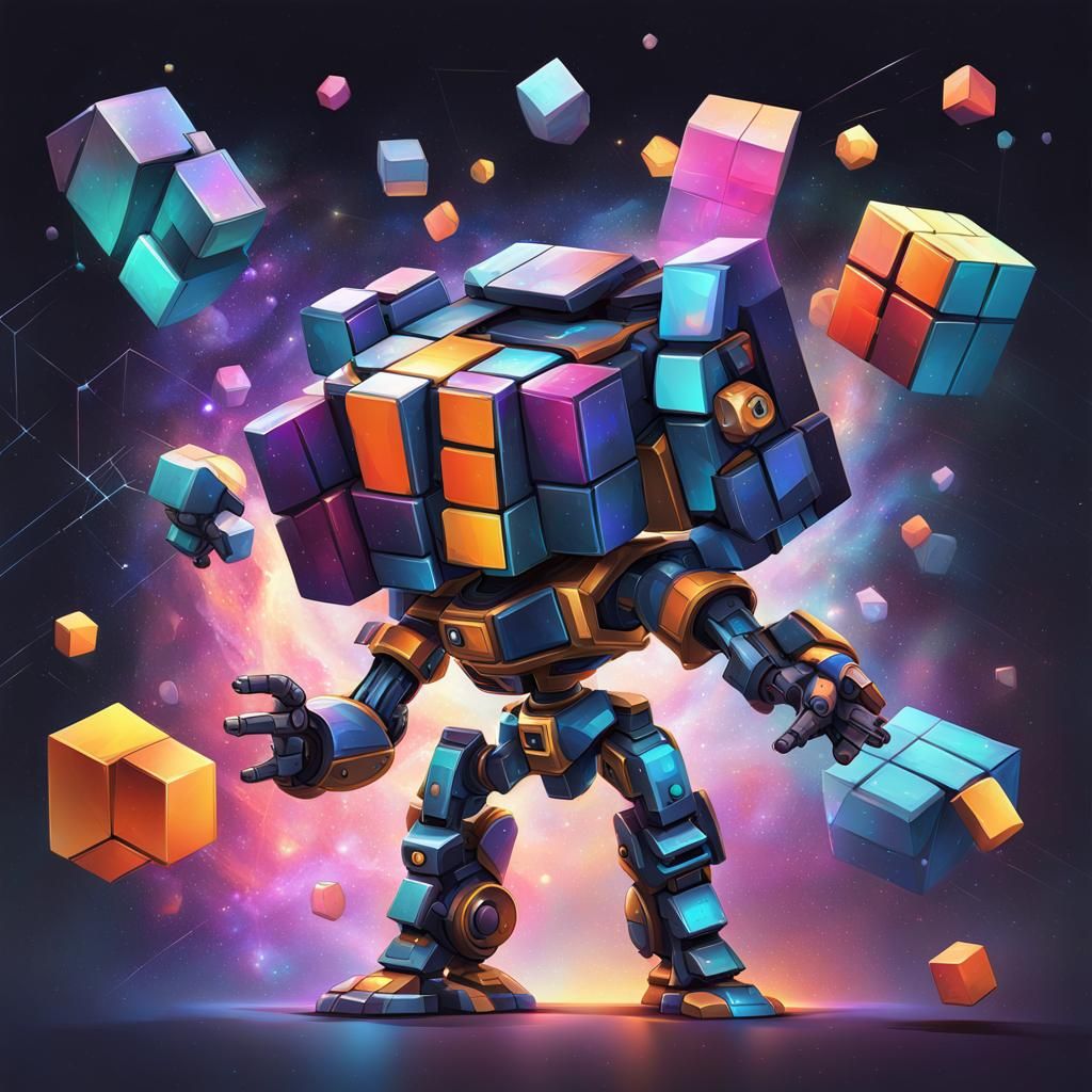 Colorful Chibi Rubik's Cube Robot in Cubist Style