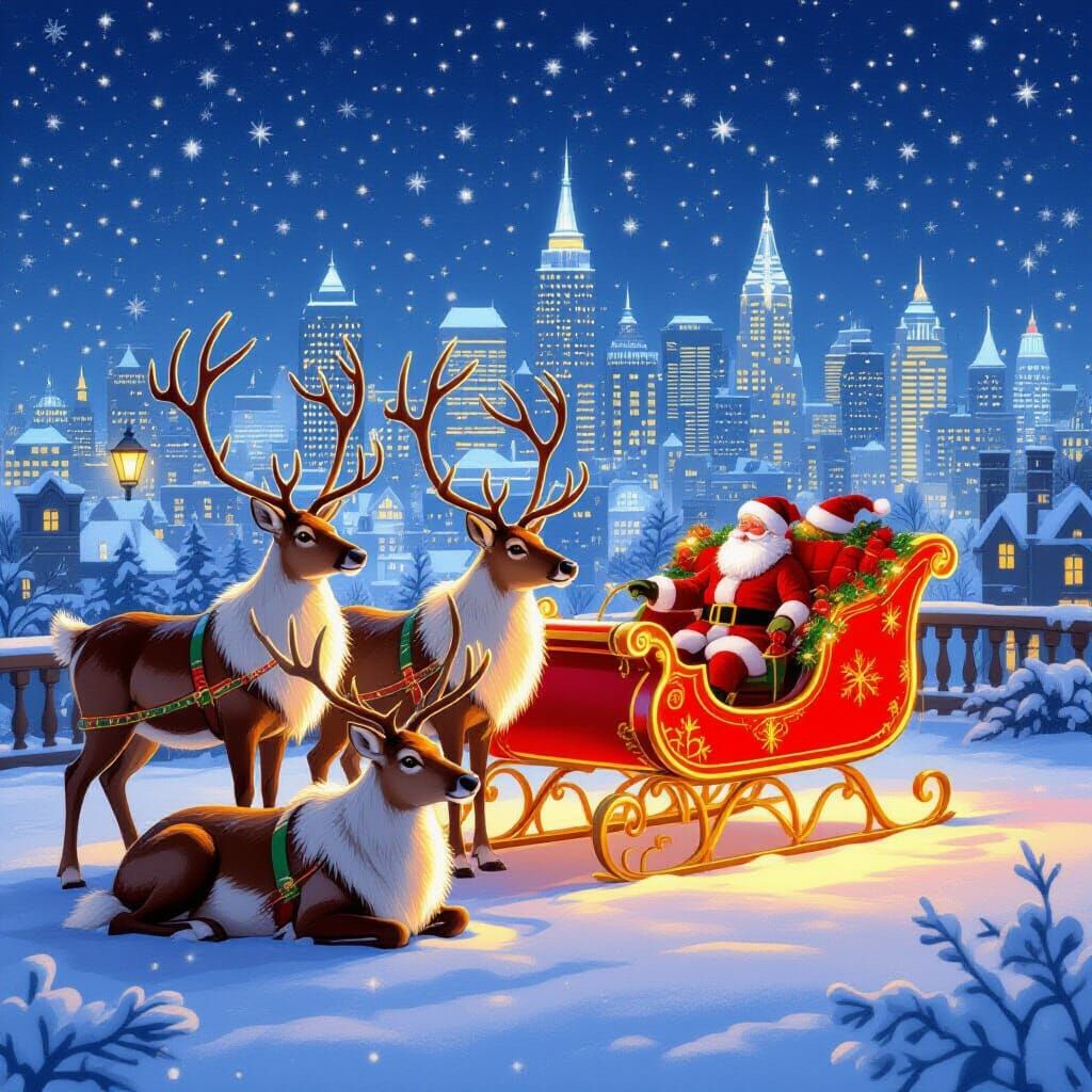 Cozy Christmas Rooftop with Resting Reindeer and Twinkling C...