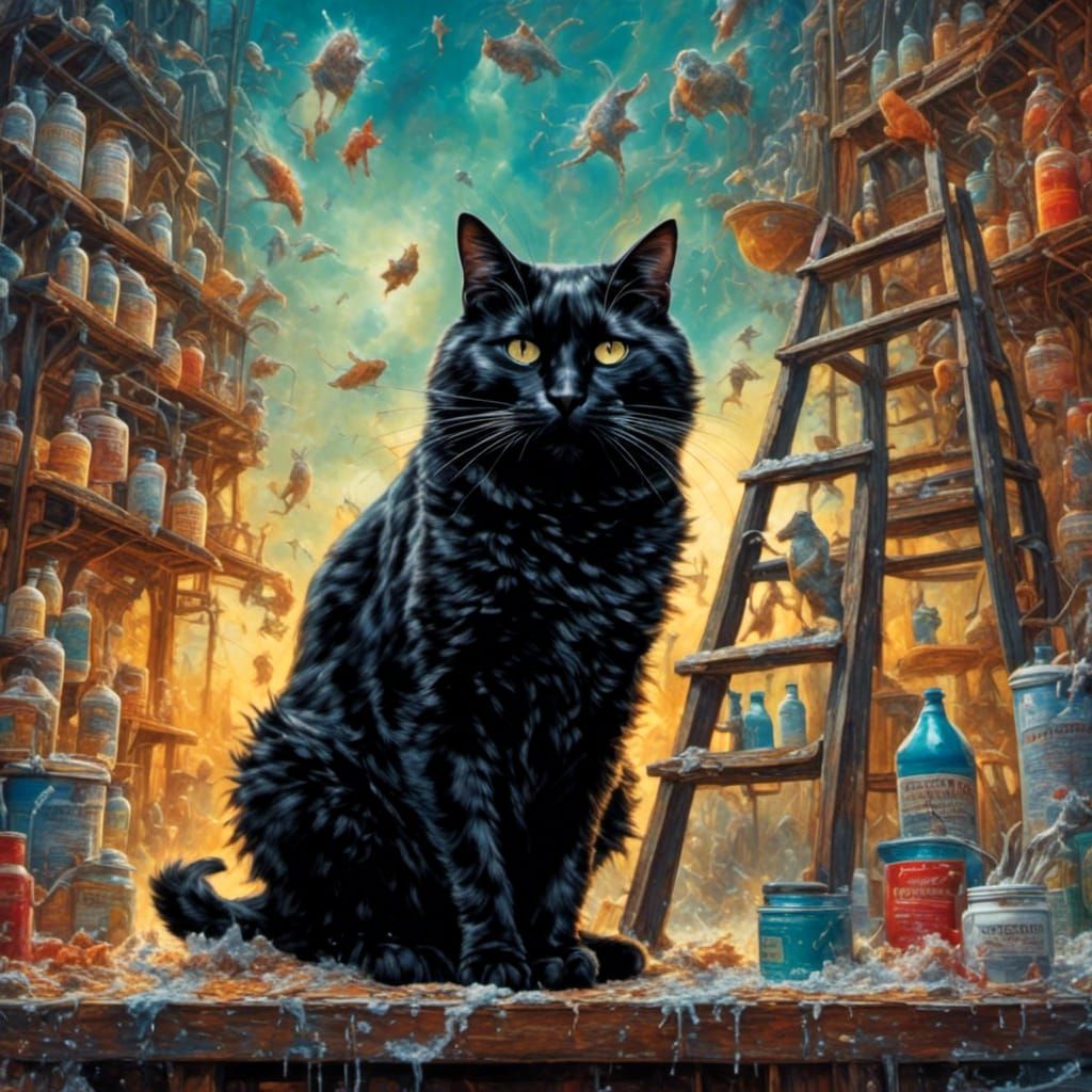 Anthropomorphic Black Cat Throws Salt in a Surreal Scene