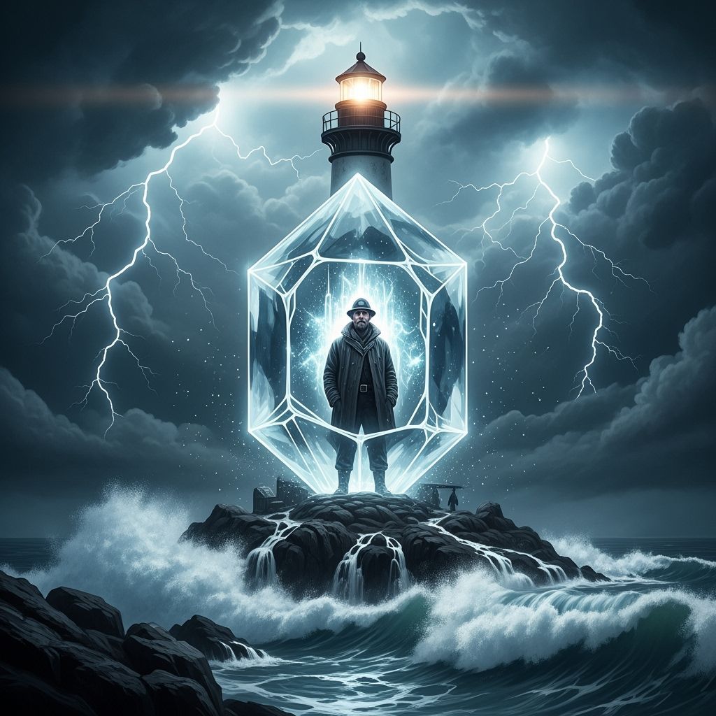 Lighthouse Keeper and Crystal Beacon in Storm