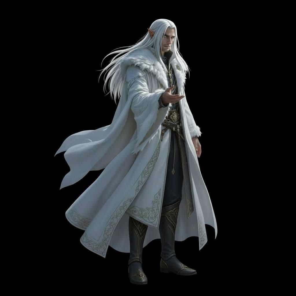 Grey Elf Wizard Holding Cosmic Orb in Snowy Landscape