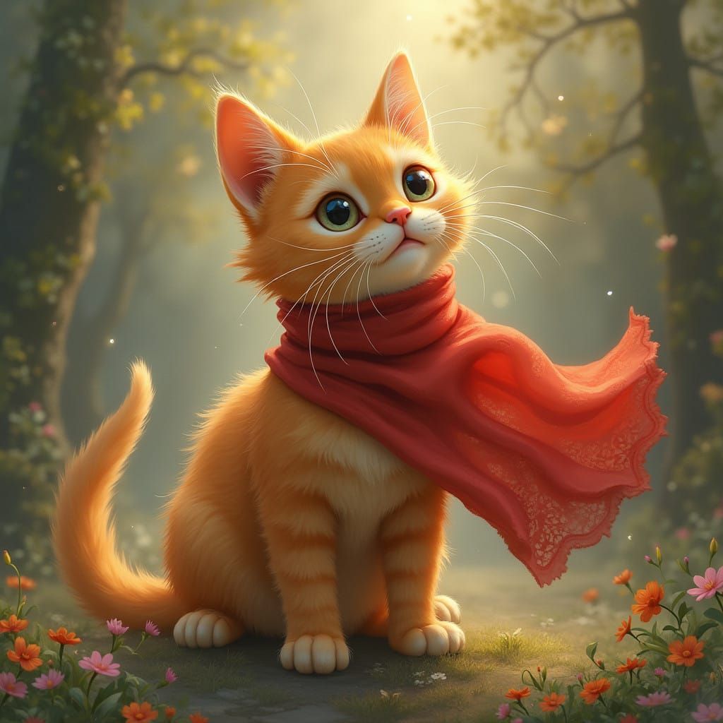 Feline Hero with Vibrant Cape in Dreamy Misty Landscape