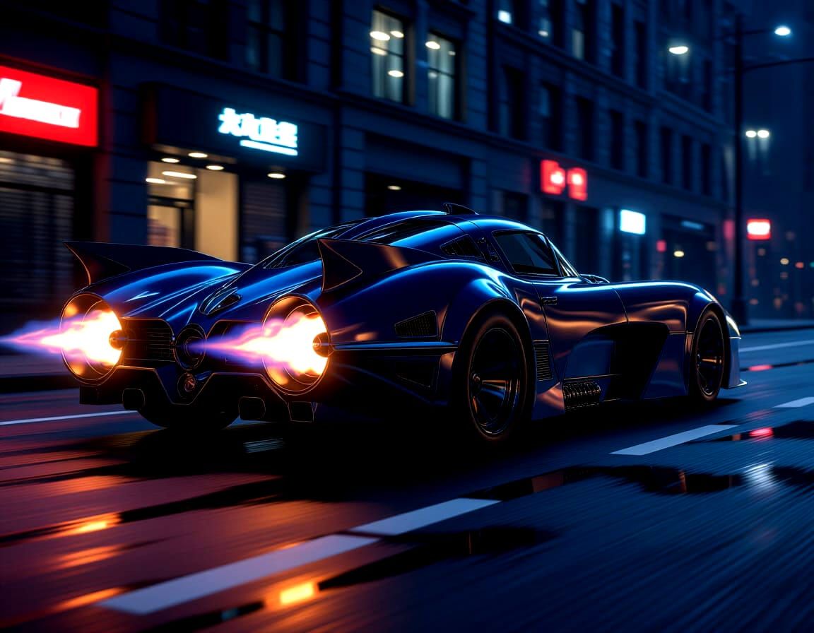 Streamlined 2025 Batmobile with Jet Flames on Dark City Stre...