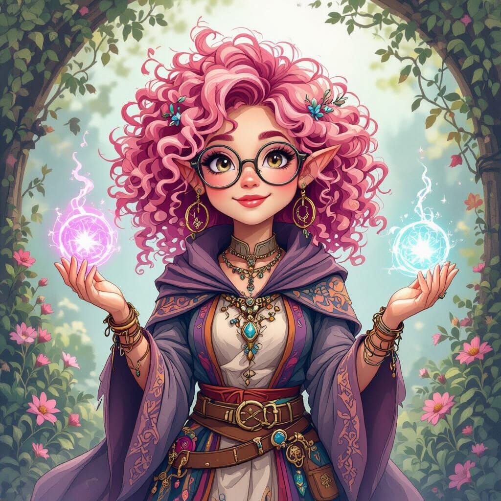 Gnome Wizard with Pink Hair in Watercolor Style