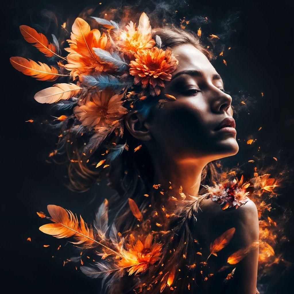 Dreaming Girl with Fire Feathers in Double Exposure