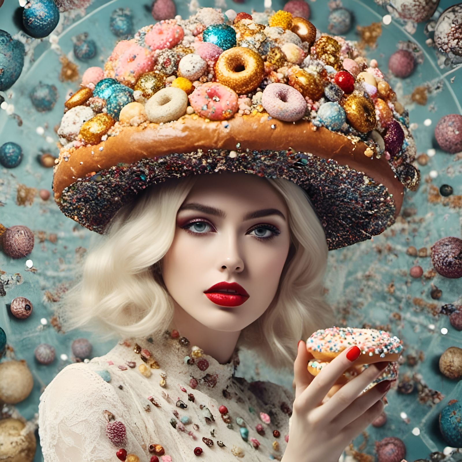 Girl in Donut Hat Amidst Space Art