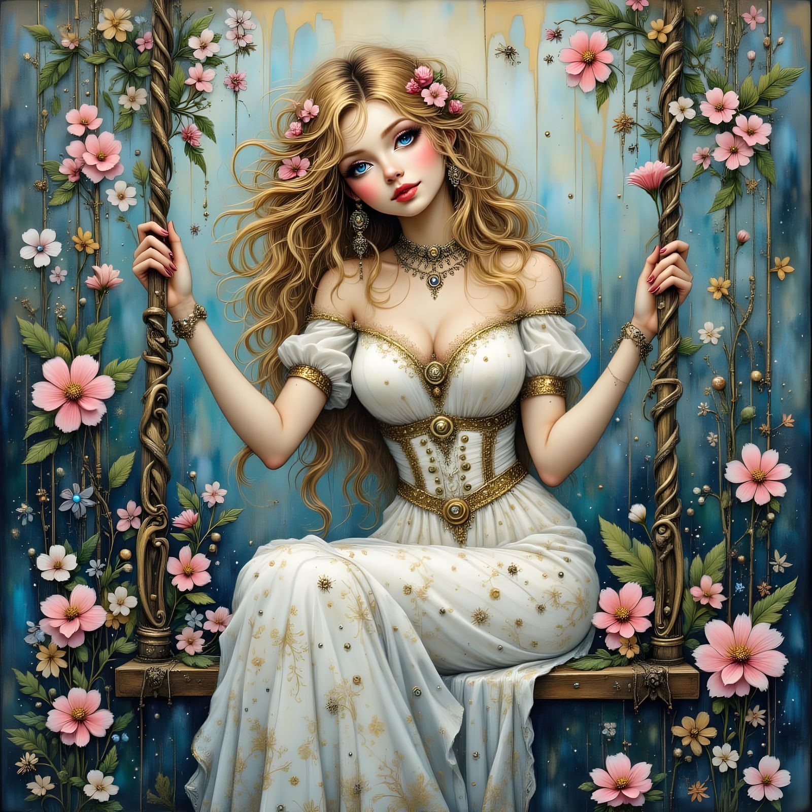 Norse Goddess on Flower Swing: Dreamlike Portrait