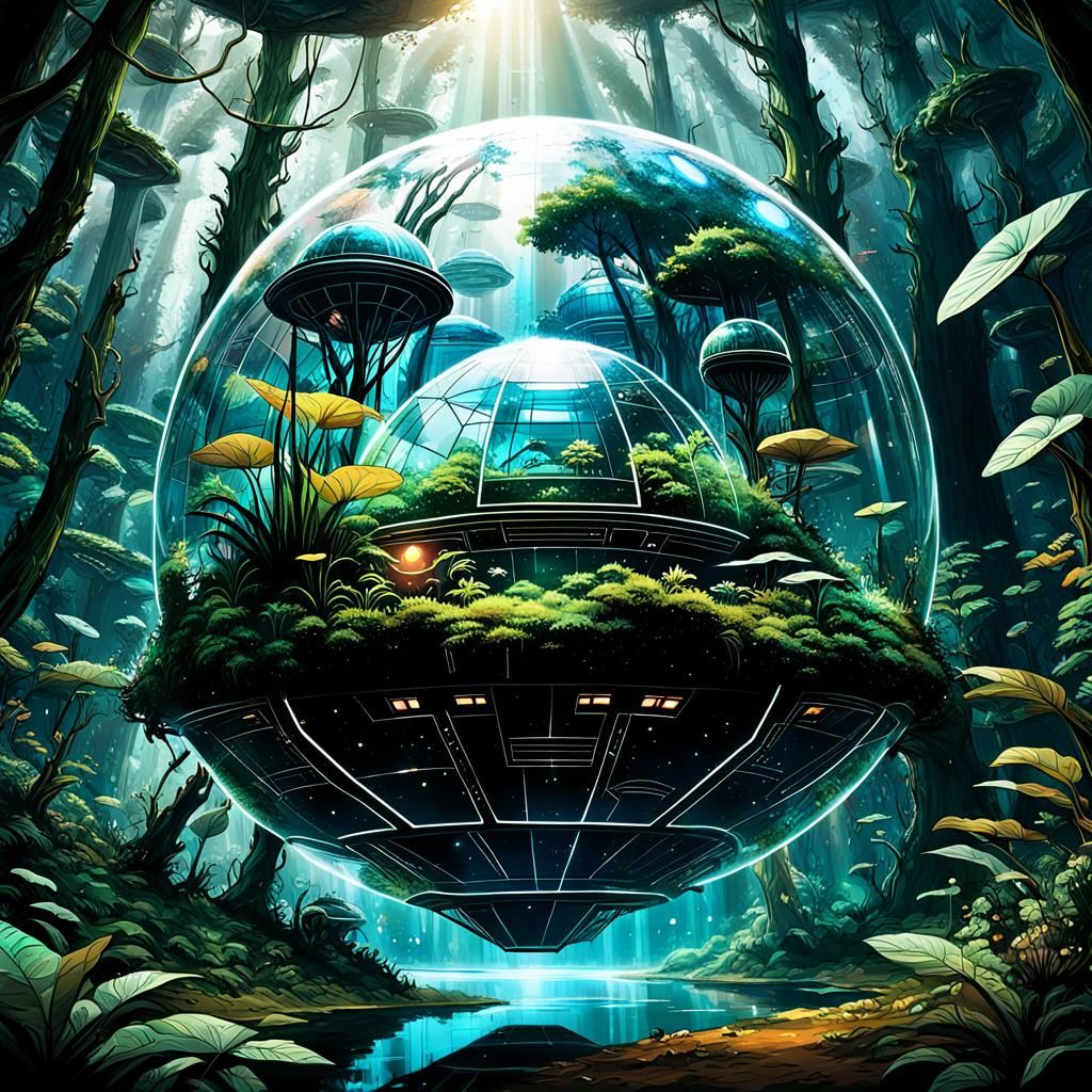 Terrarium Spaceship with Bioluminescent Flora in Deep Space