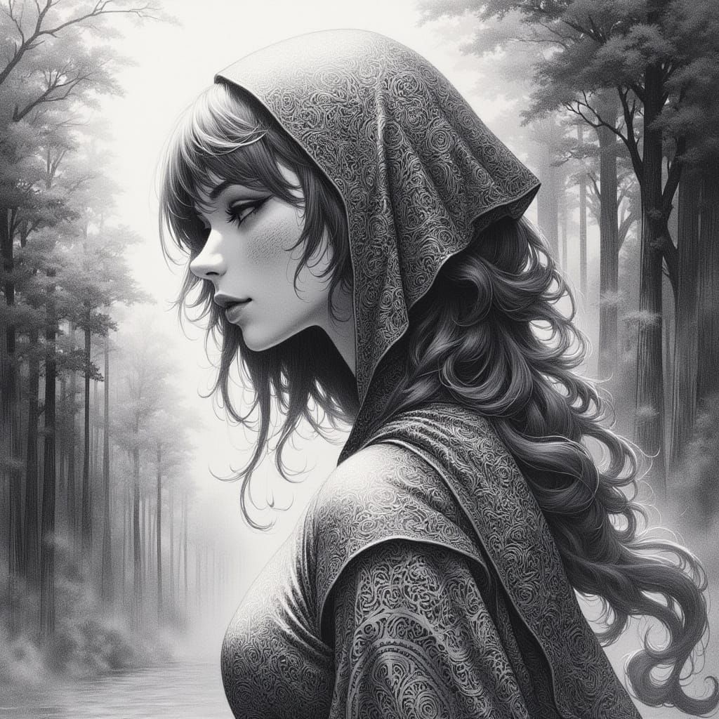 Beautiful Woman Lost in Fog: 80s Anime Charcoal Art