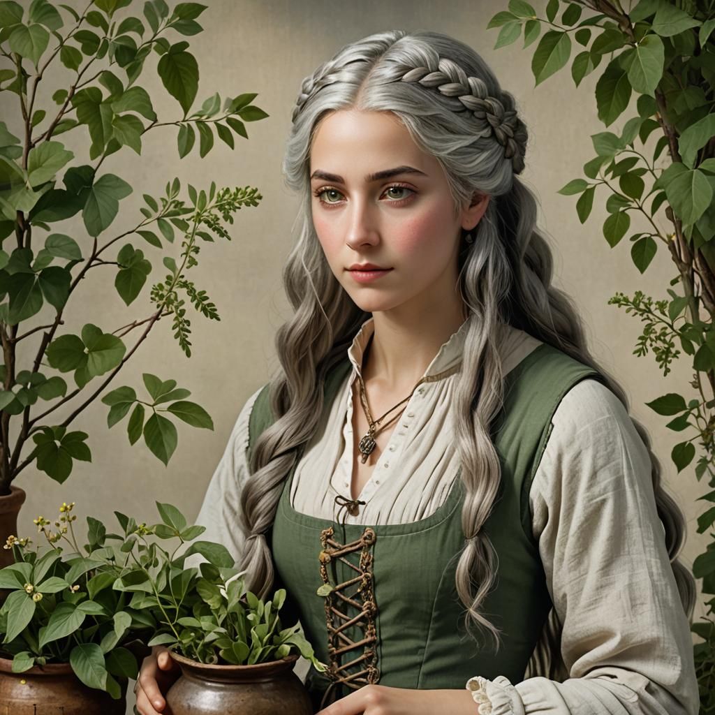 18th Century Herbalist Making Potions: Photorealistic Portra...