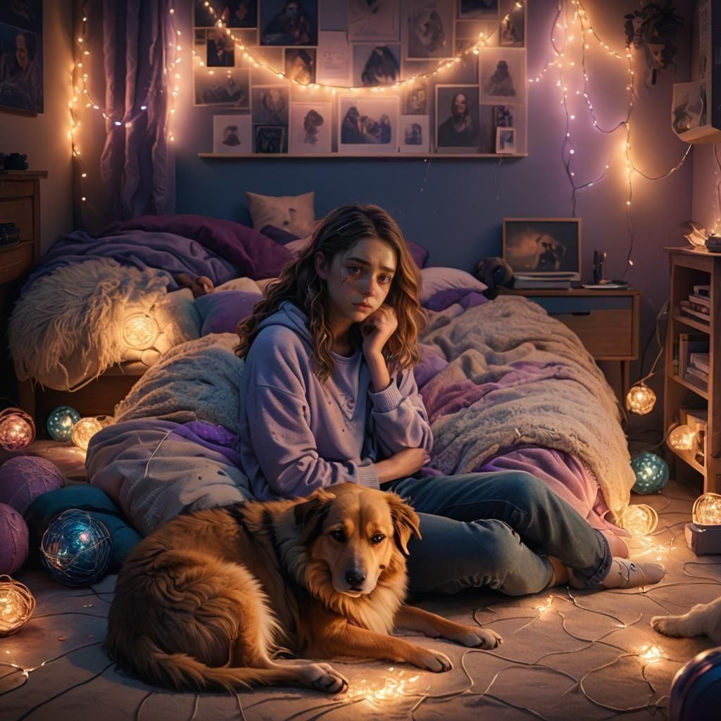 Teenage Girl Crying with Dog: Fantasy Concept Art