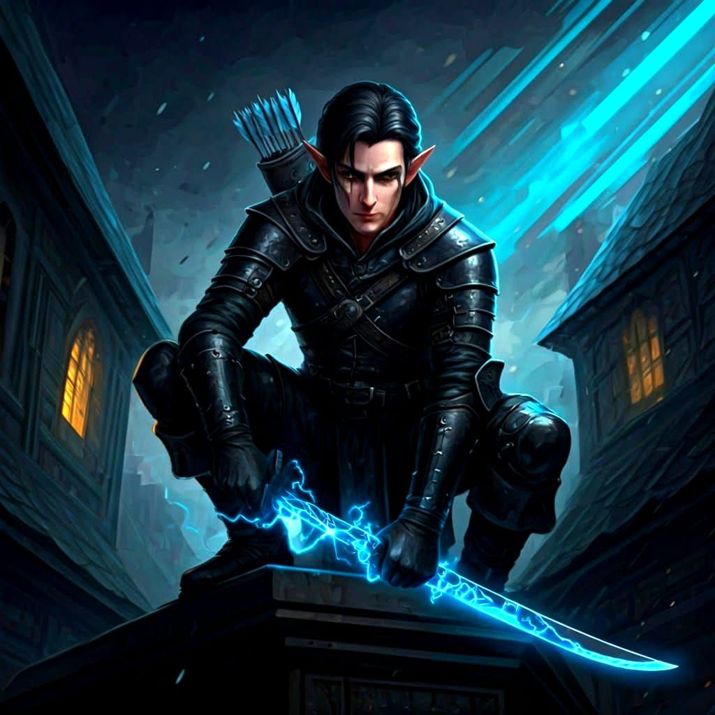 Half-Elf Rogue on Rooftop with Lightning Sword