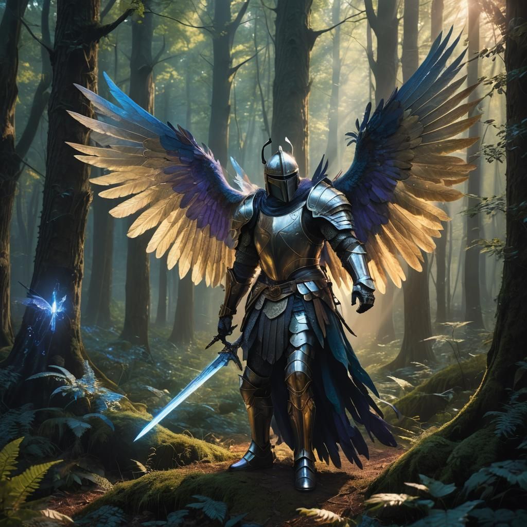 Winged Knight in Mystical Forest, Fantasy Concept Art