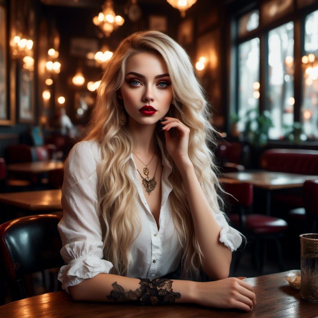 Photorealistic Portrait of a Blonde Woman in Cafe