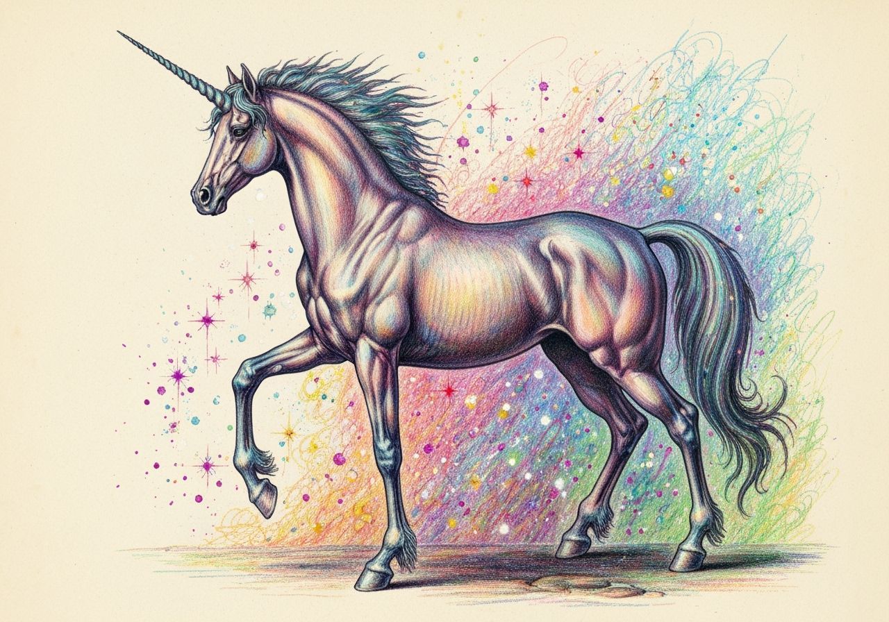 Mystical Unicorn Diagram in Colored Pencil Style