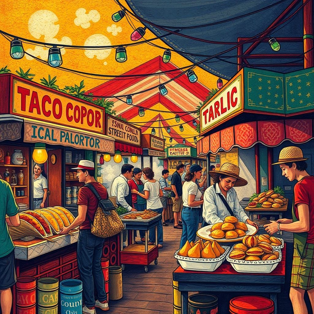 Vibrant Street Food Market in Eclectic Folk Art Style