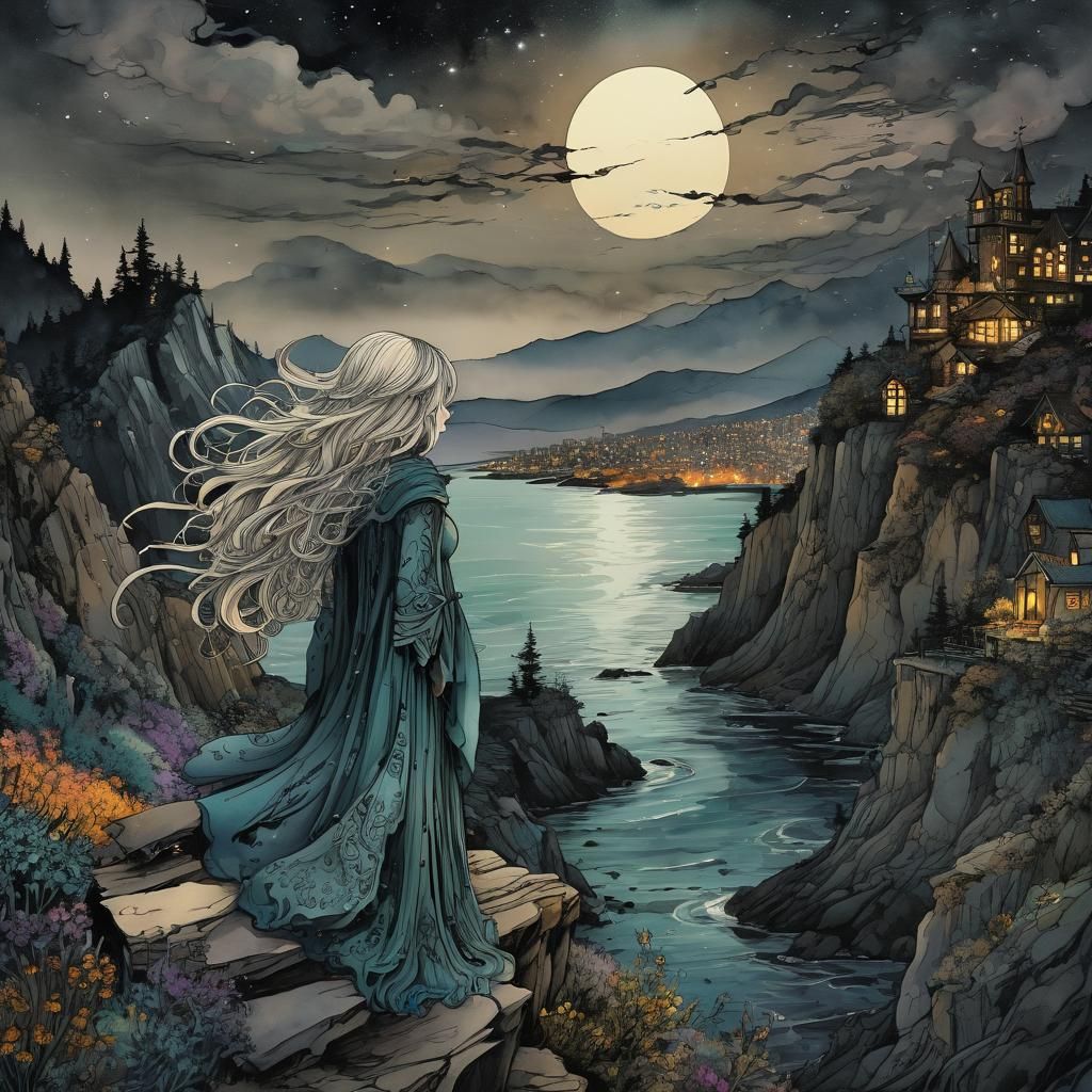 Inkpunk Witch Overlooks City at Night in Detailed Art