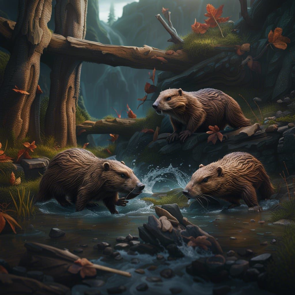 Beavers Teamwork Building Dams: Detailed Matte Painting
