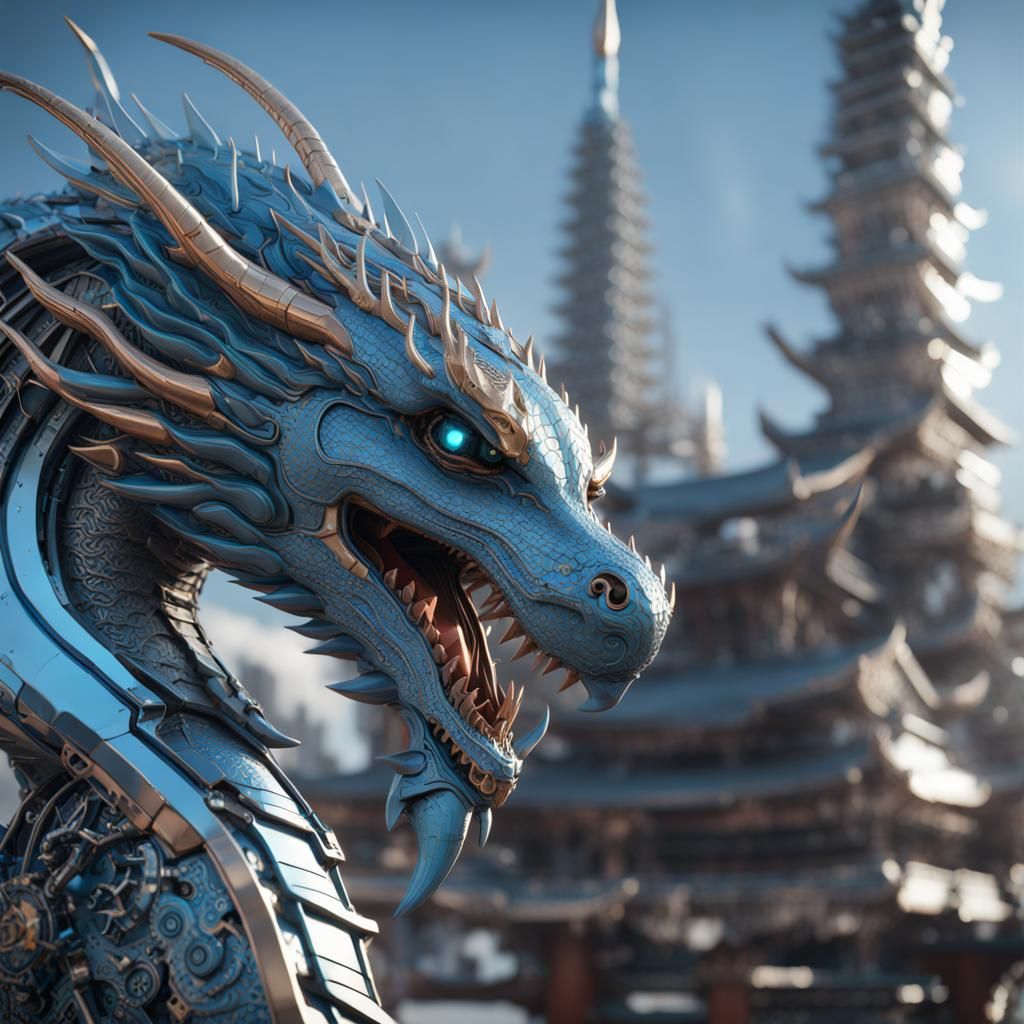 Futuristic Blue Dragon with Intricate Mech Details