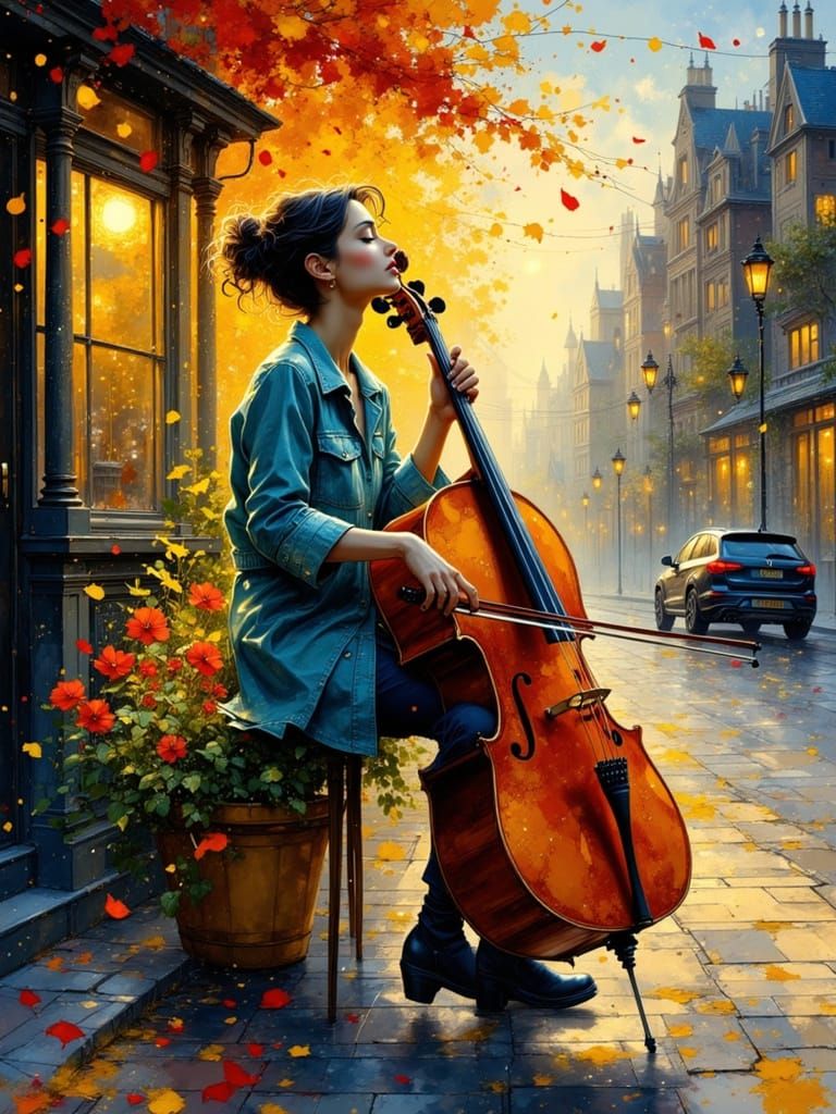 A portrait <lora:Akimora:1.0> of a musician passionately playing a cello <lora:Ink Poet:1.0>on a vibrant, bustling city ...