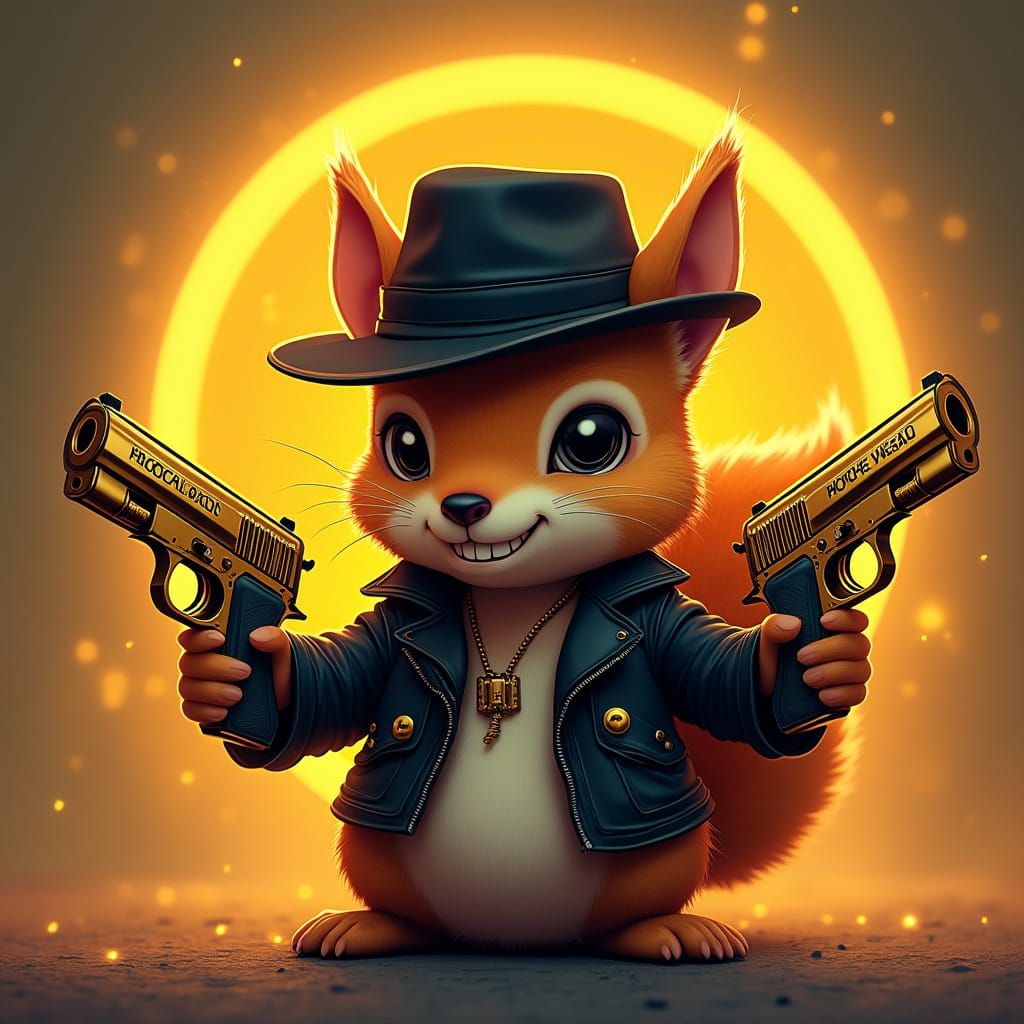 Futuristic Squirrel Adventurer with Golden Guns and Mystic A...